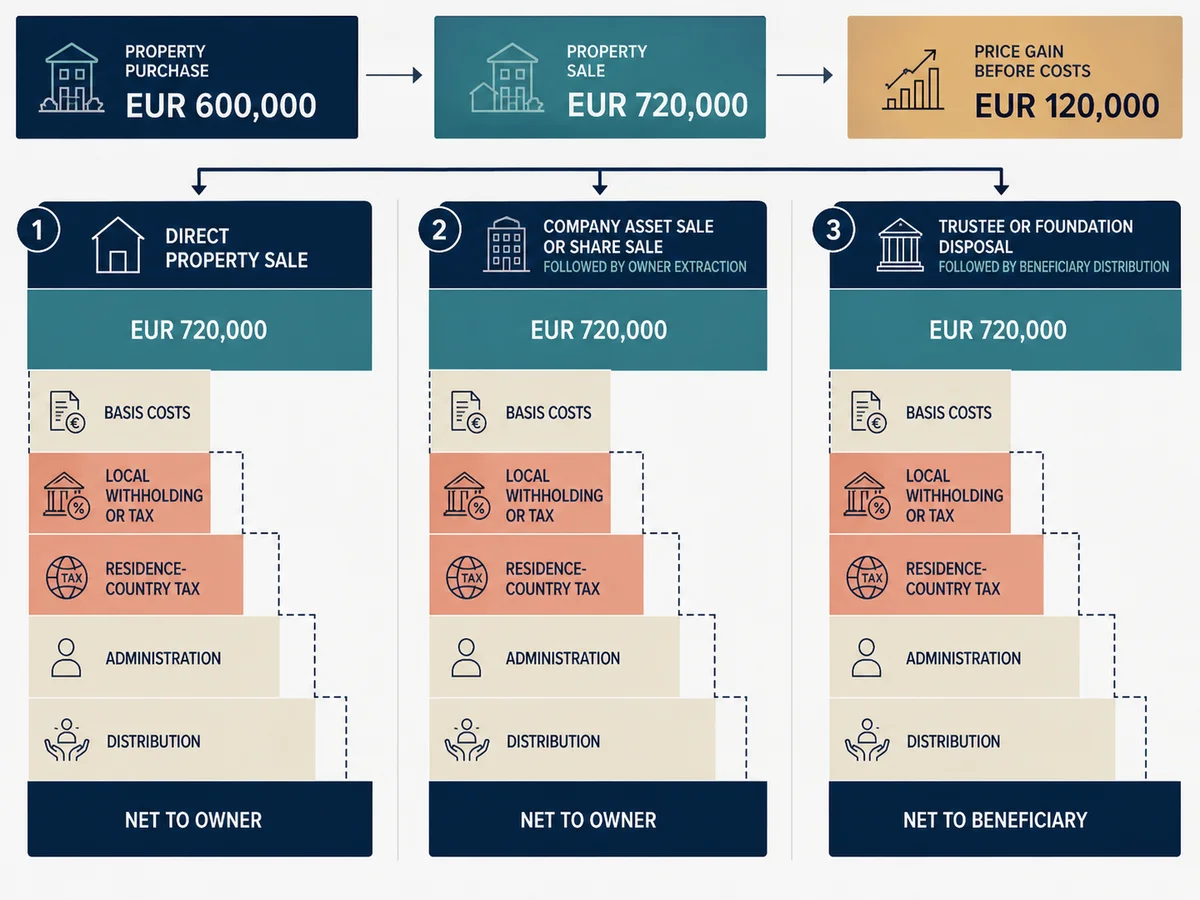 Exit comparison for direct property sale, company asset or share sale, and trustee disposal