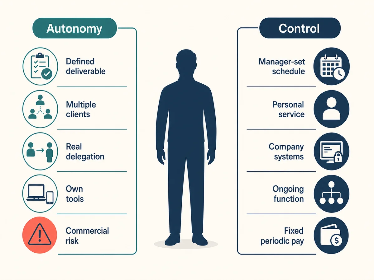 Fact pattern showing autonomy and business risk on one side and control and integration on the other