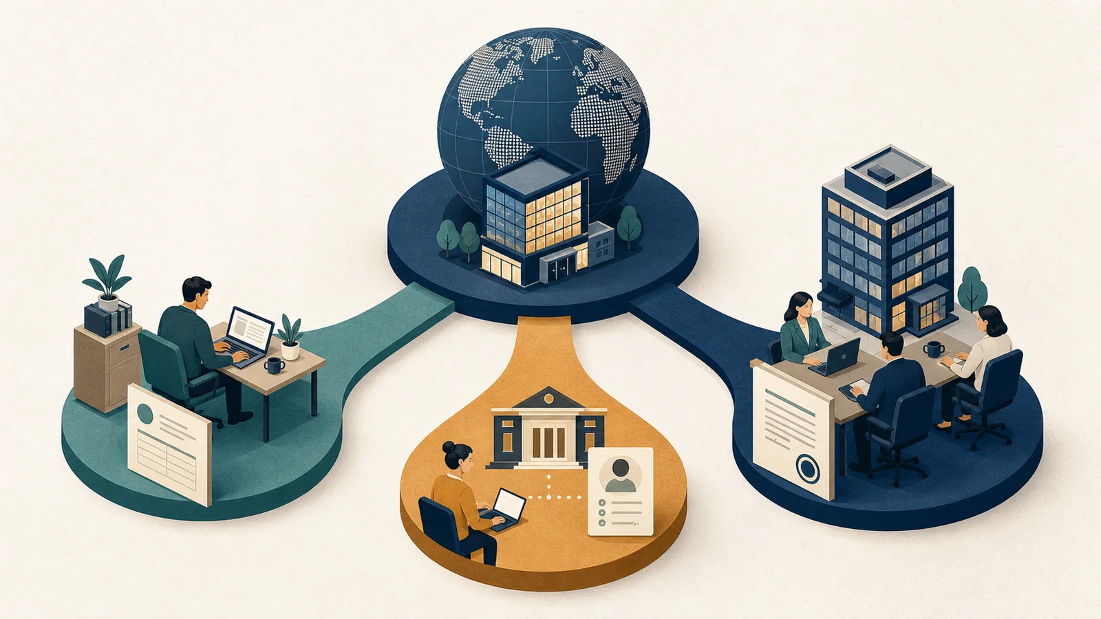 Contractor, employer of record, and local subsidiary shown as three cross-border hiring paths
