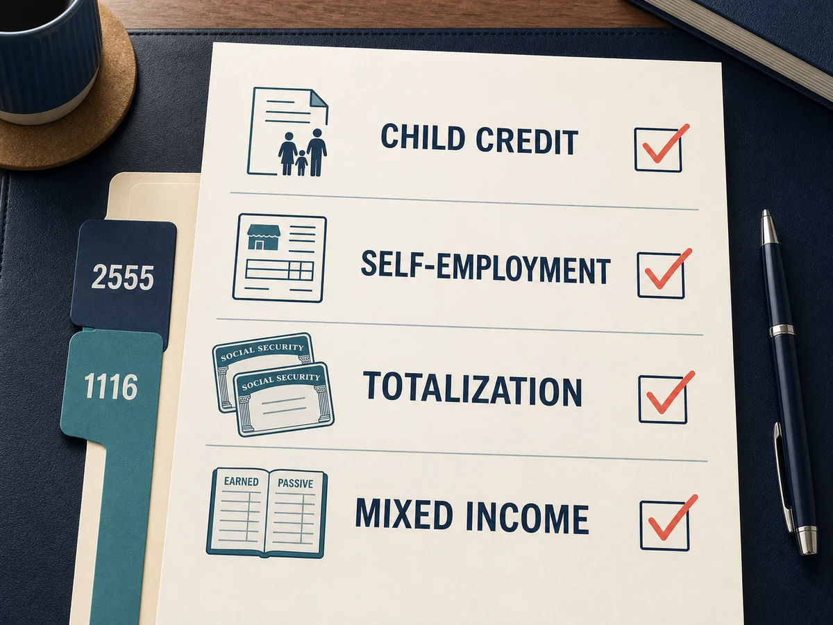 Checklist illustration connecting child credit, self-employment tax, totalization, and mixed-income review