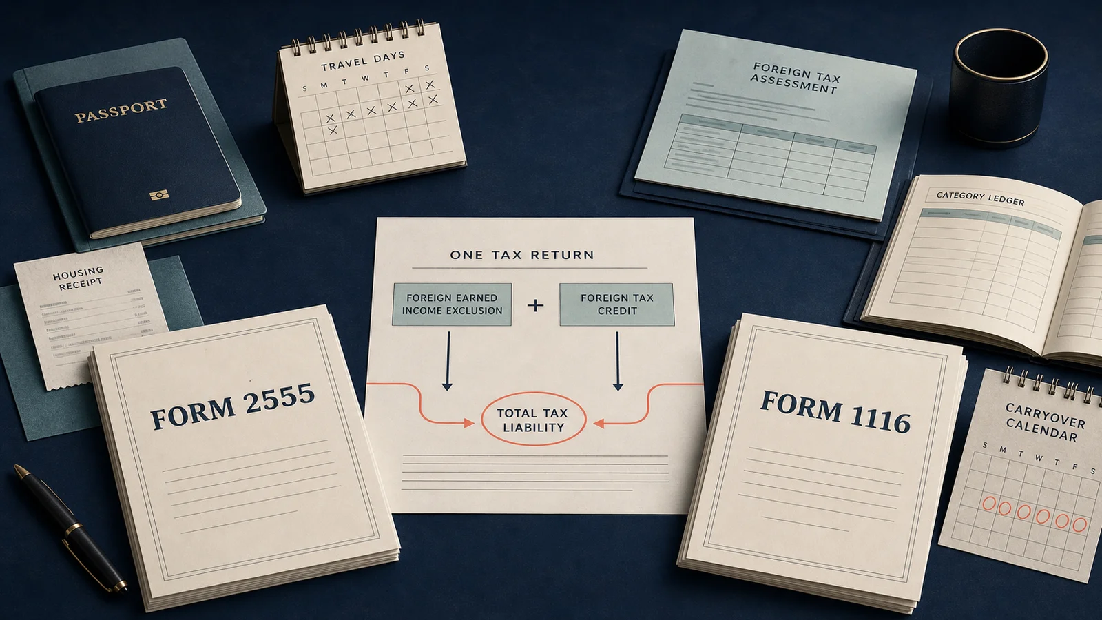 Editorial comparison of Form 2555 and Form 1116 on opposite sides of a U.S. expat tax ledger